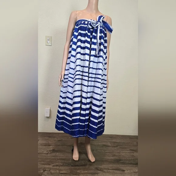 NF Striped 100% Cotton Box Pleated Maxi Skirt Blue/ White One Size Whit Pockets - Picture 11 of 16